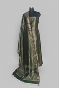 Deep Forest Green Maheshwari Silk Zari 2-Piece Unstitched Suit Set – Kurta and Dupatta fabric