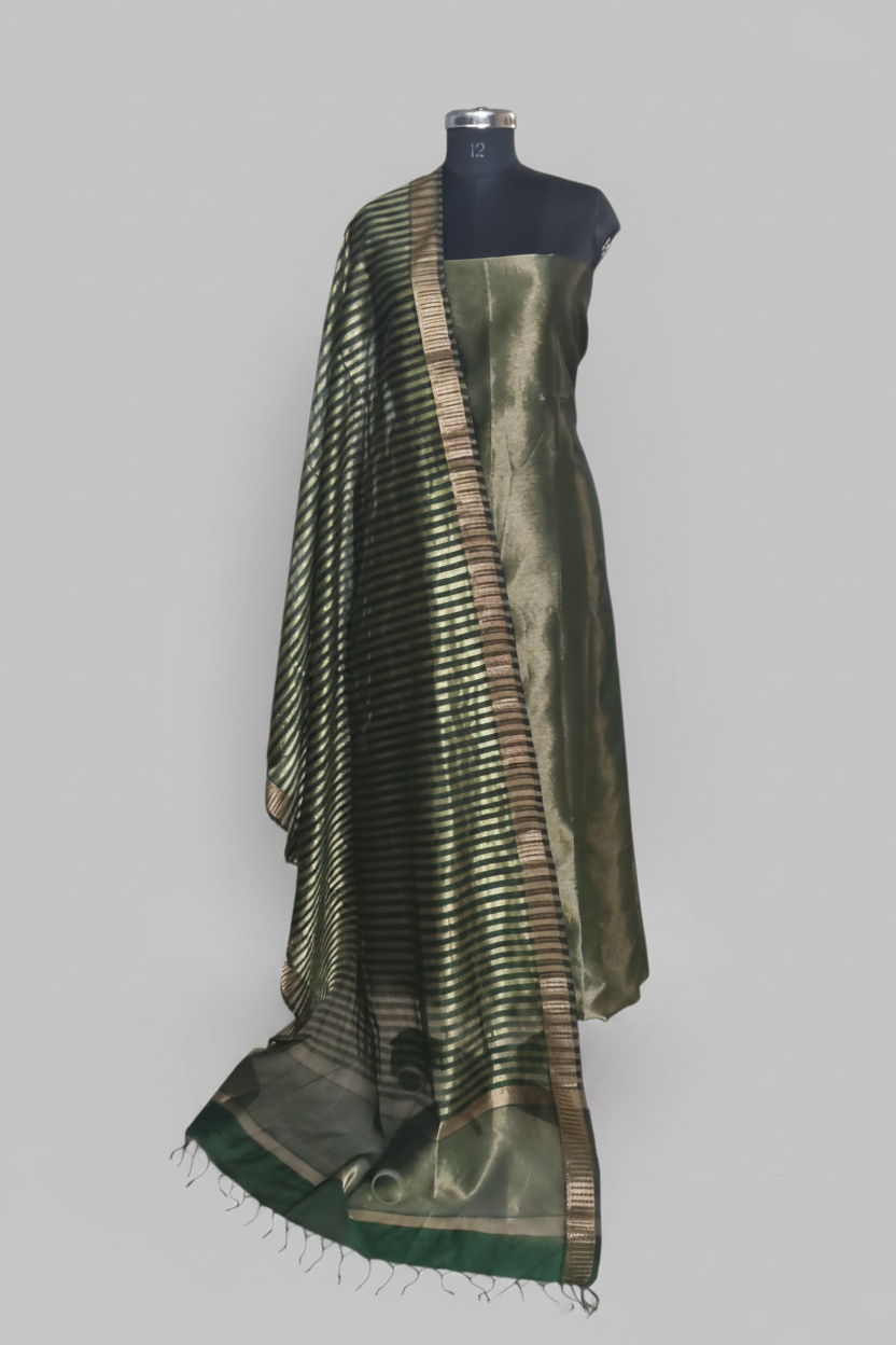 Deep Forest Green Maheshwari Silk Zari 2-Piece Unstitched Suit Set – Kurta and Dupatta fabric