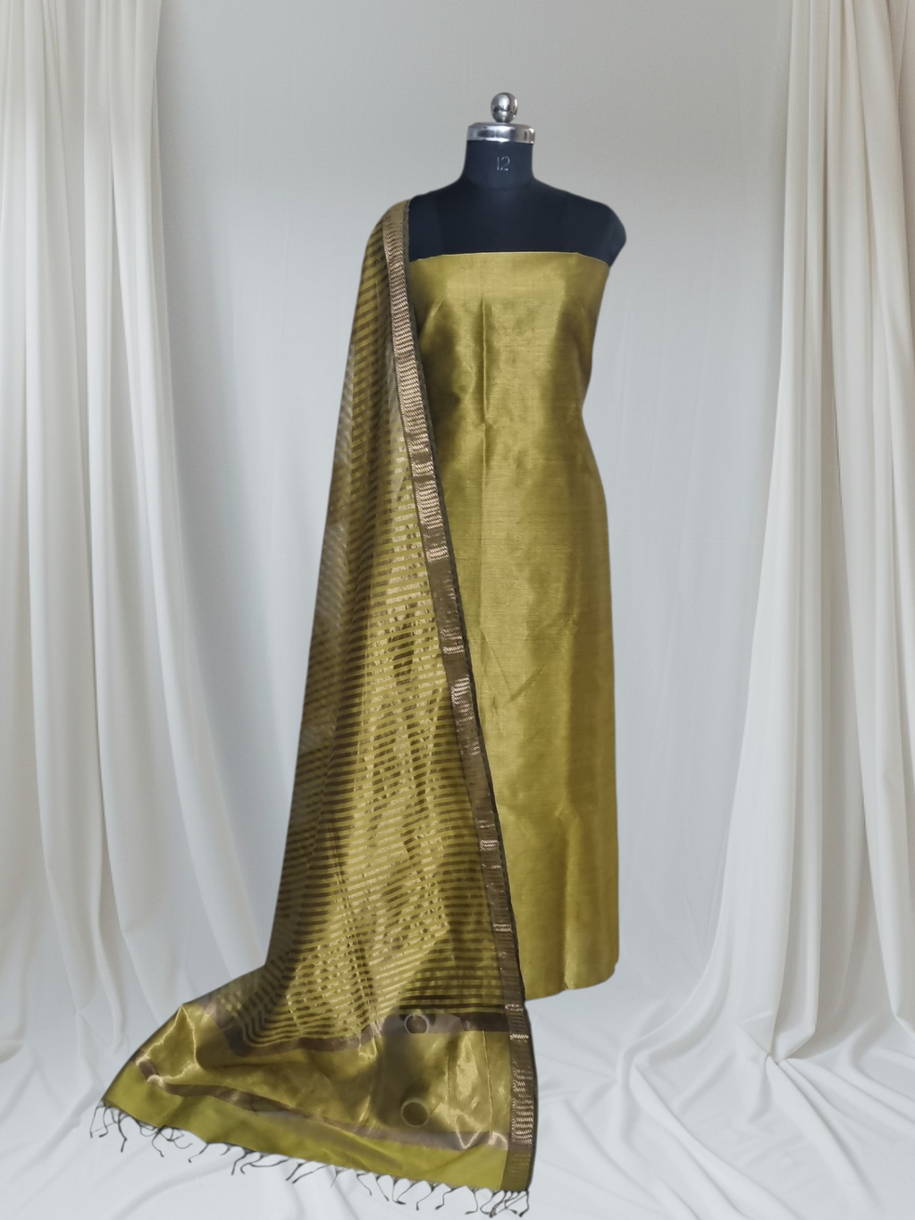 Greenish Yellow Maheshwari Silk Zari Unstitched Suit Set – Front View
