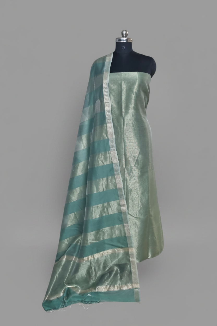 Maheshwari Silk Zari 2-Piece Unstitched Suit Set in Powder Green – Indian Handloom