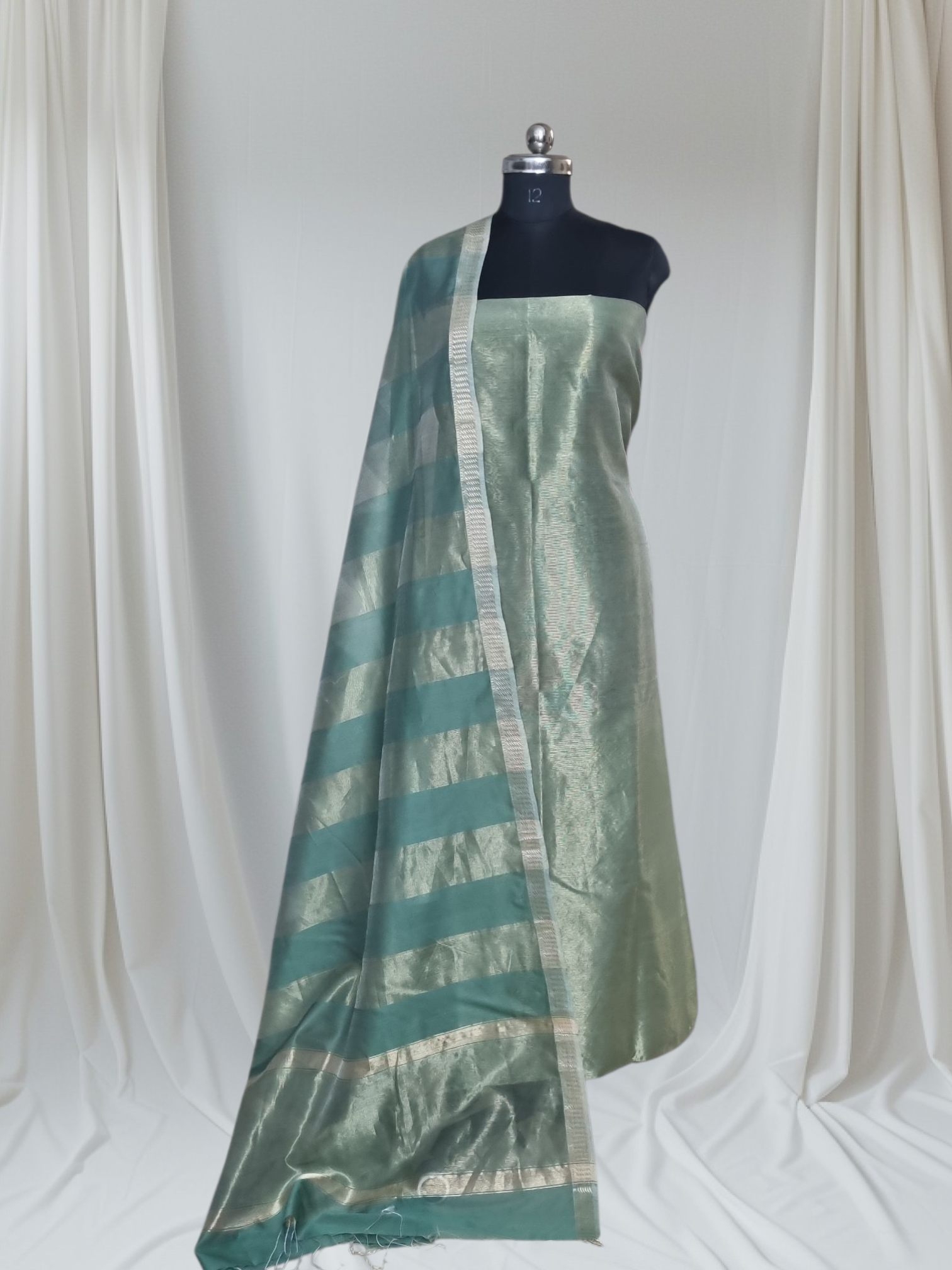 Powder Green Maheshwari Silk Zari Unstitched Suit Set – Studio Shot
