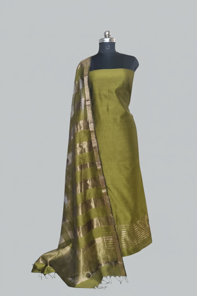 Mehandi Green Maheshwari Silk unstitched suit – draped view with gold Zari border dupatta