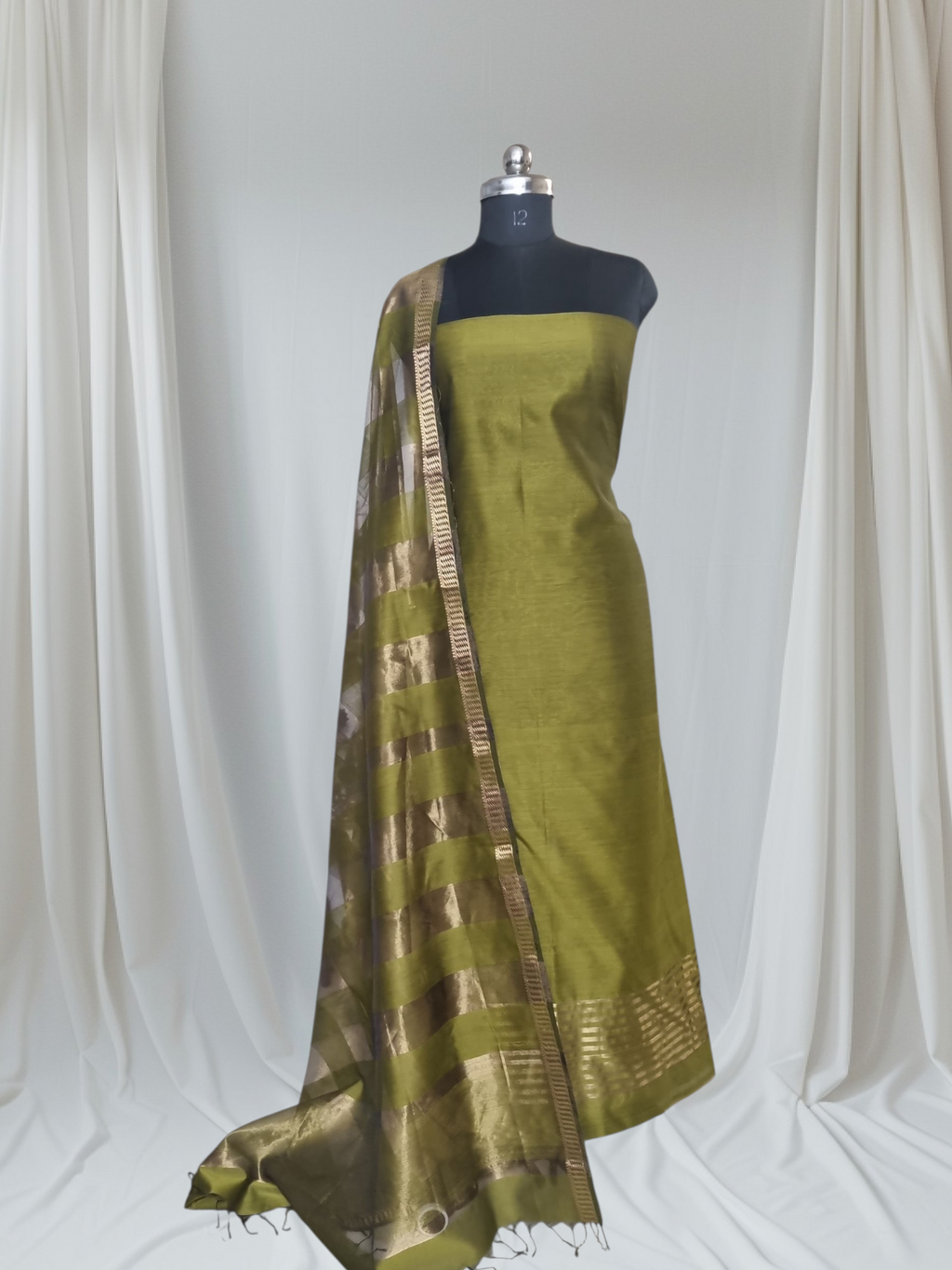 Mehandi Green Maheshwari Silk 2-piece unstitched suit – alternate styled drape with Zari detailing