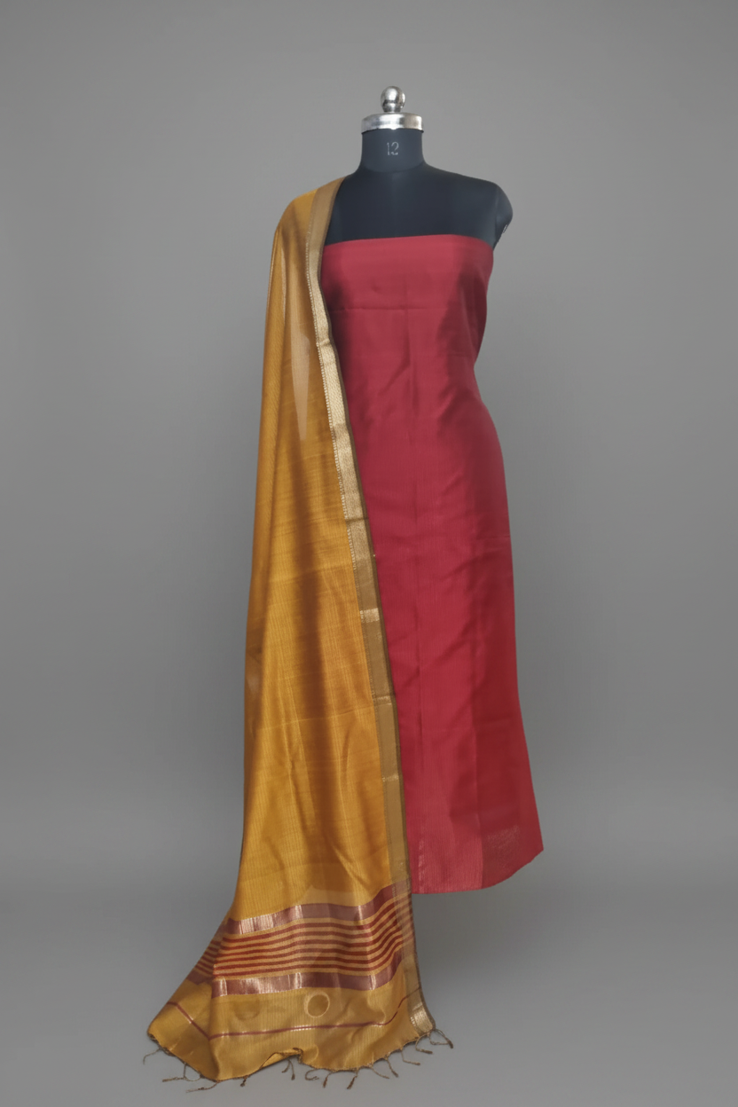 Maheshwari Silk Zari 2-Piece Unstitched Suit Set in Red and Burnt Orange – Indian Handloom
