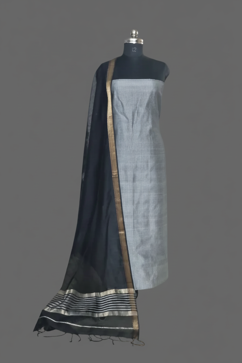 Maheshwari Silk Zari 2-Piece Unstitched Suit Set in Grey and Black – Indian Handloom