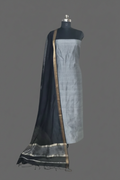 Maheshwari Silk Zari 2-Piece Unstitched Suit Set in Grey and Black – Indian Handloom