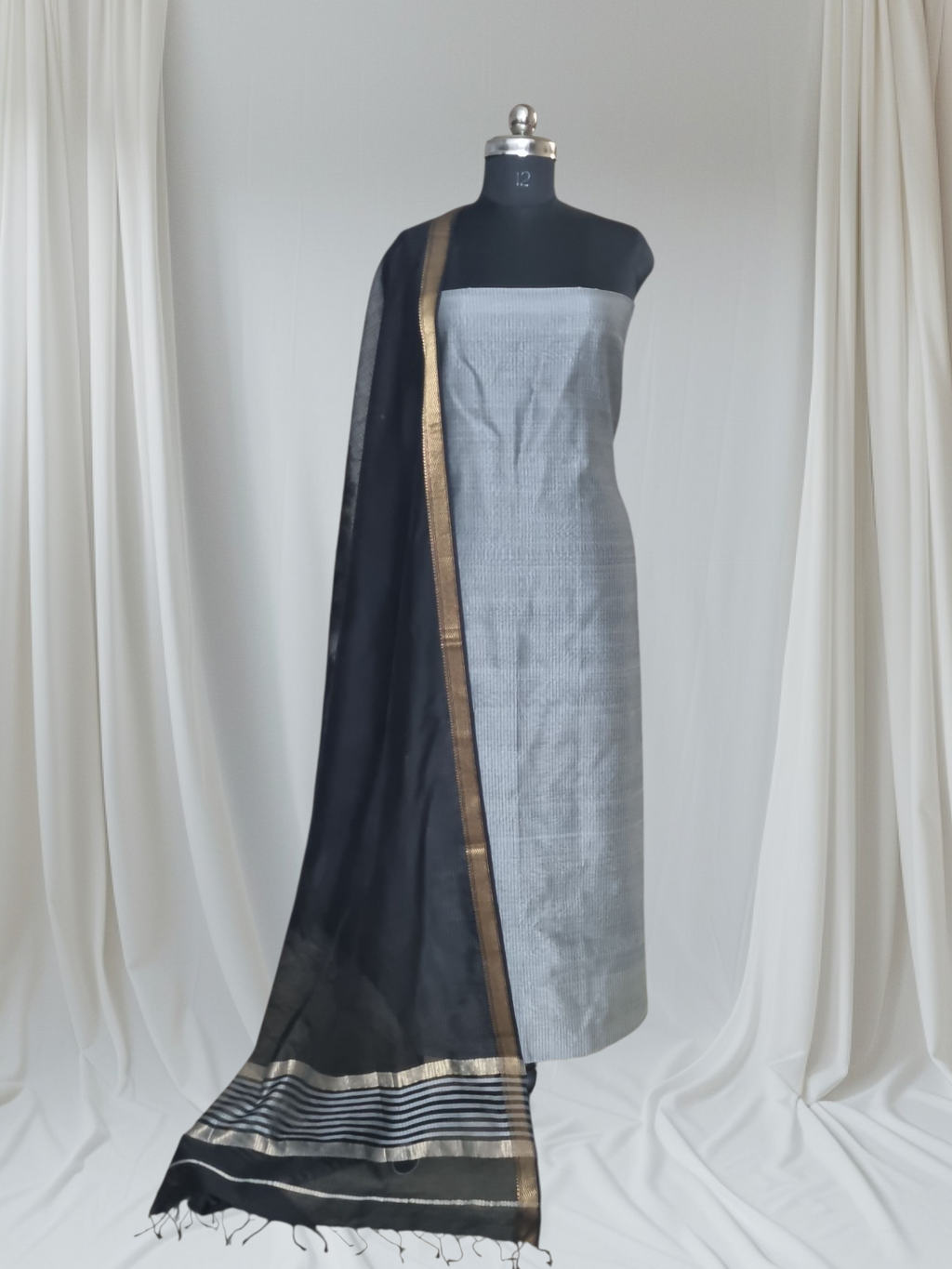 Grey Black Maheshwari Silk Zari Unstitched Suit Set – Front View