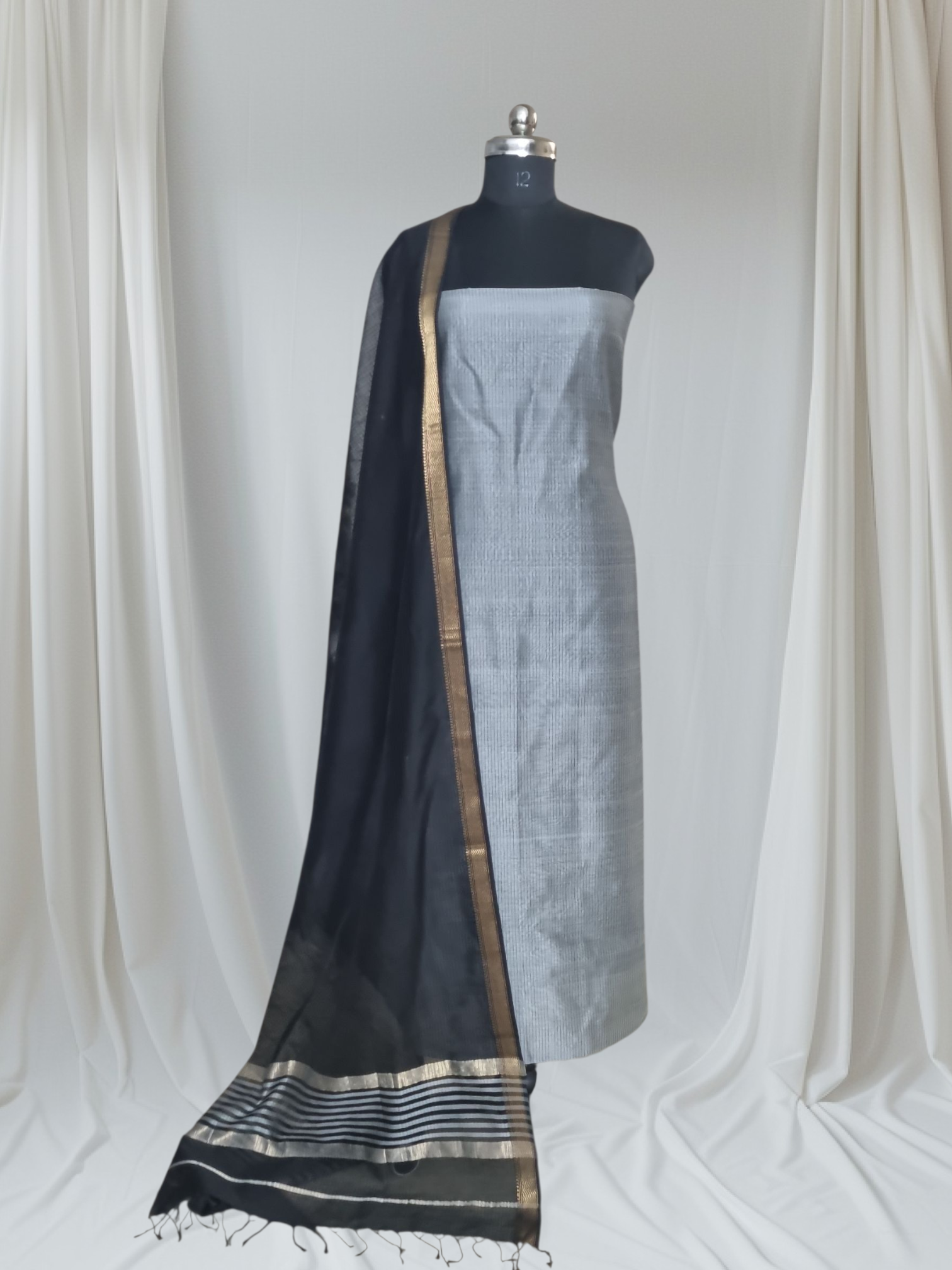 Grey Black Maheshwari Silk Zari Unstitched Suit Set – Front View