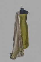 Maheshwari Silk Zari 2-Piece Unstitched Suit Set in Mehandi Green and Slate Grey – Indian Handloom