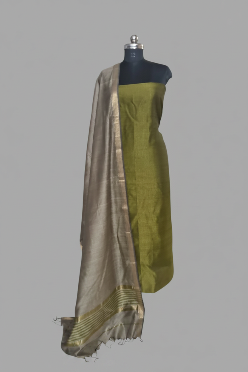 Maheshwari Silk Zari 2-Piece Unstitched Suit Set in Mehandi Green and Slate Grey – Indian Handloom