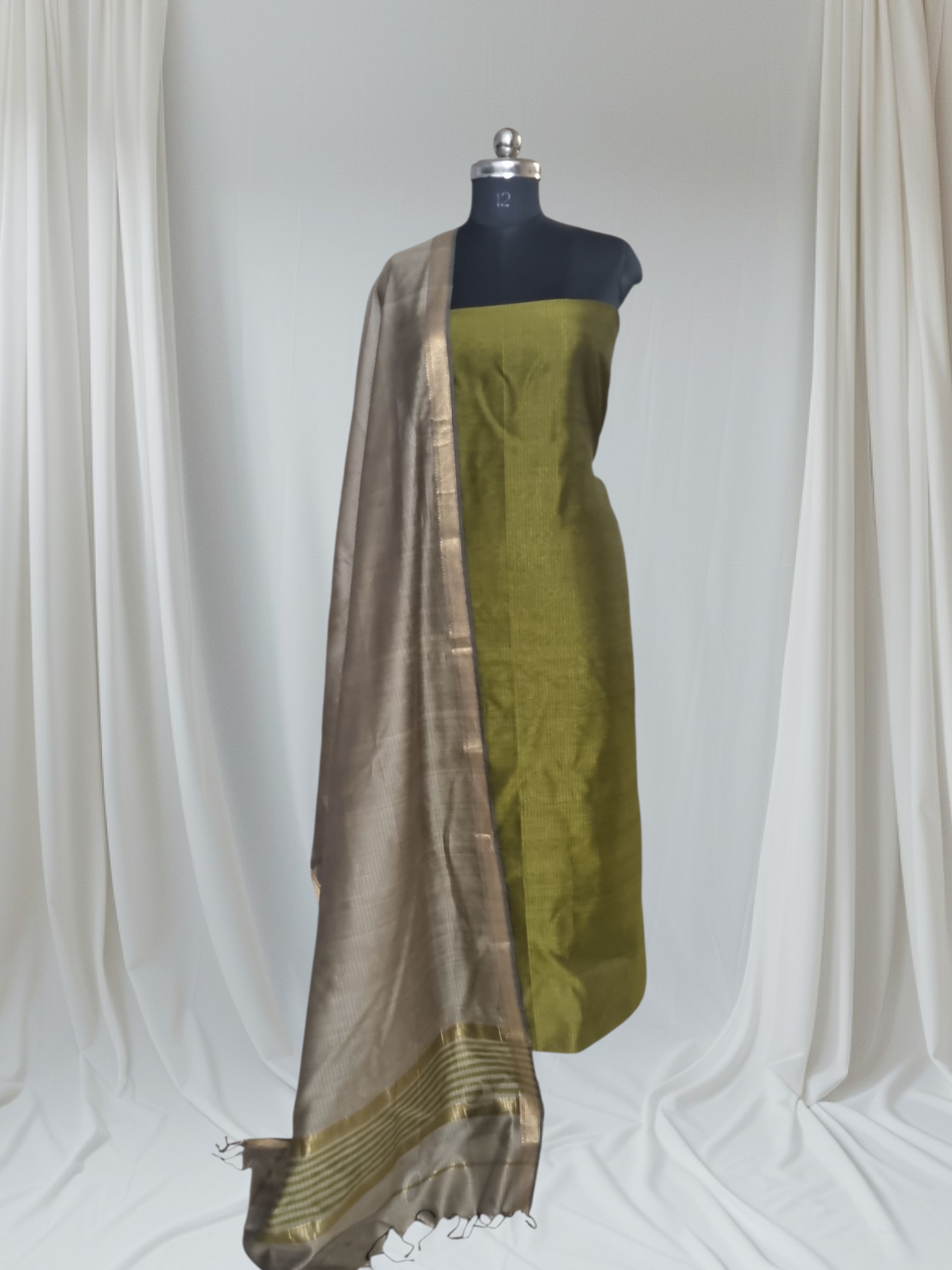Maheshwari Silk Zari Suit Set Mehandi Green Slate Grey – Detail View