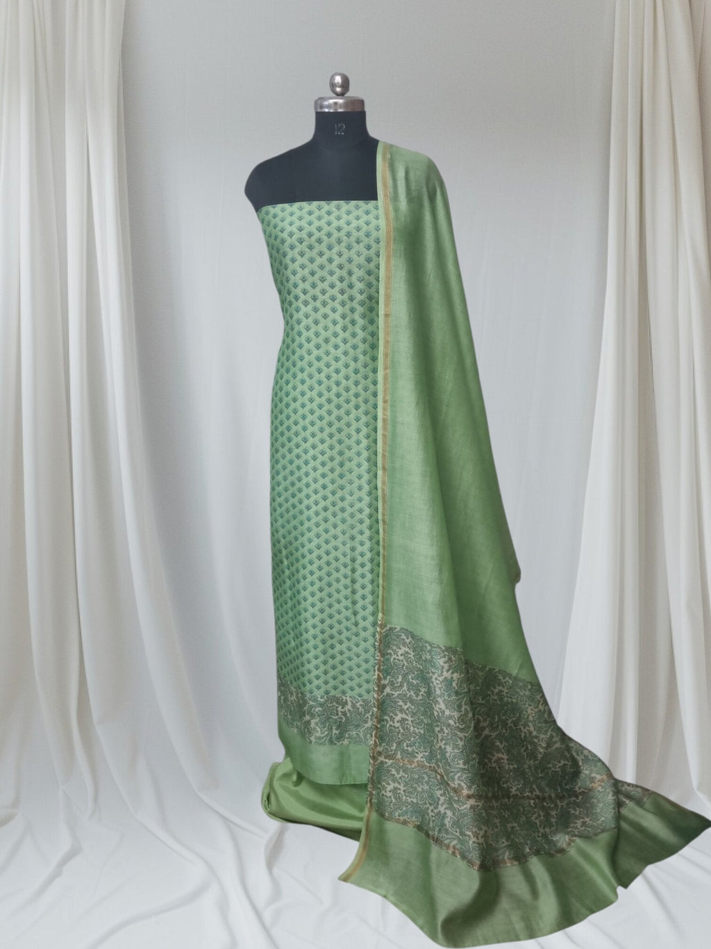 Indian handloom Chanderi silk 3-piece unstitched suit – Booti print styled shot