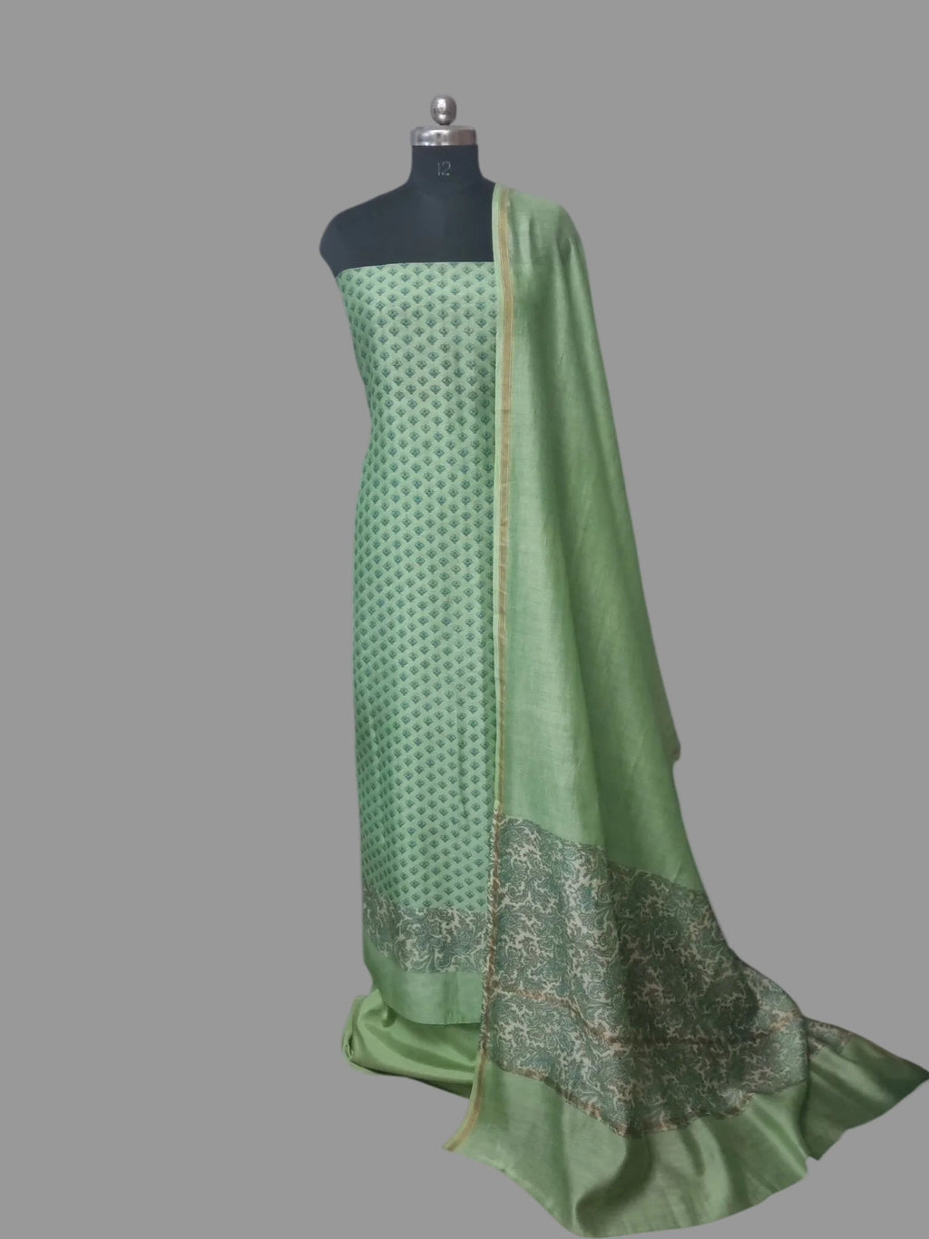 Chanderi silk 3-piece unstitched suit set with printed Booti – full product view
