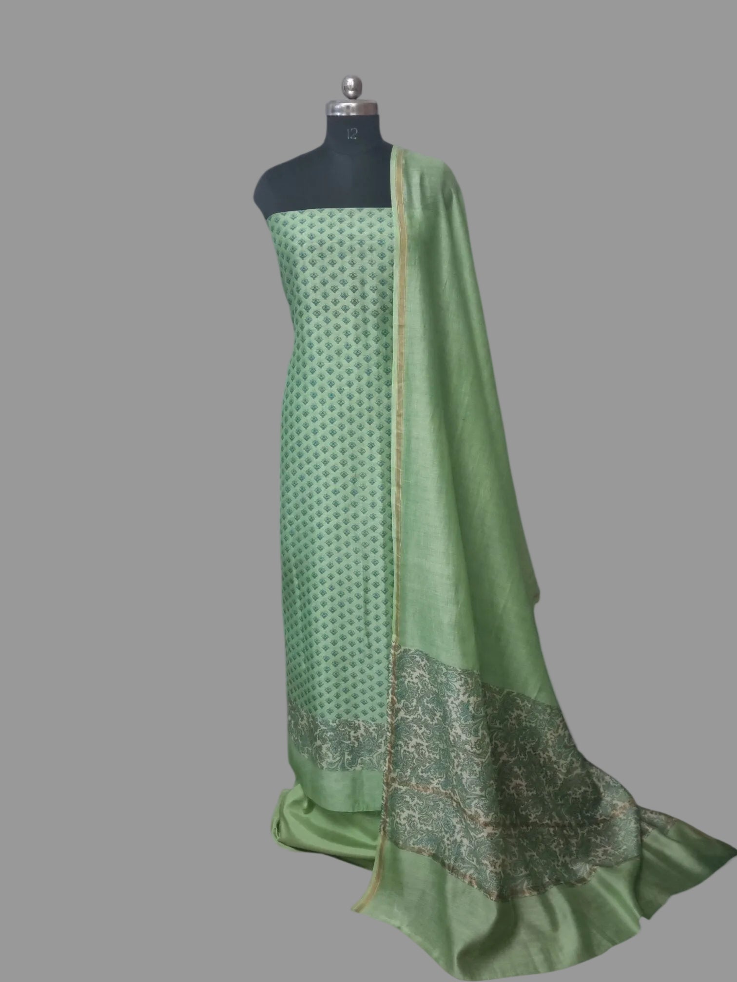 Chanderi silk 3-piece unstitched suit set with printed Booti – full product view