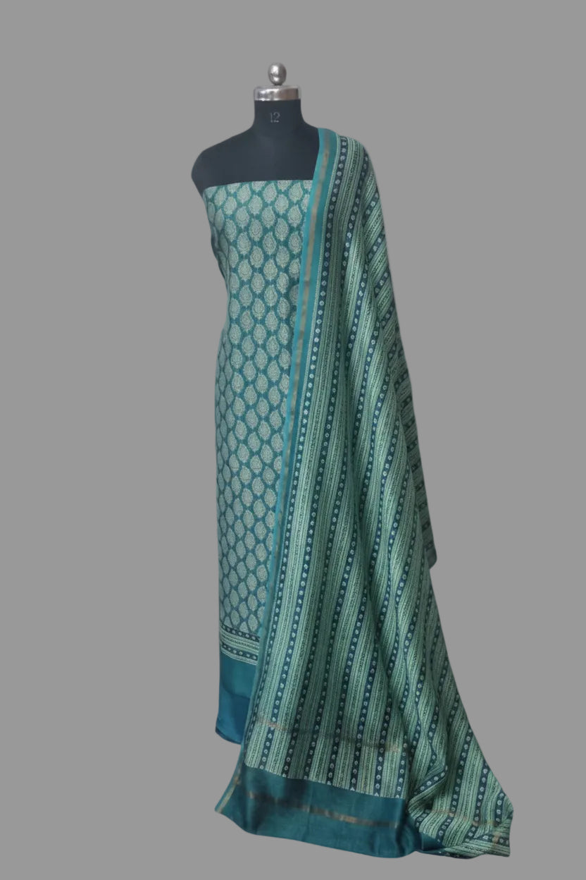 Chanderi silk 3-piece unstitched suit set in blue and green with booti print – full view