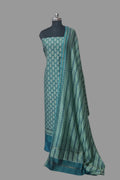 Chanderi silk 3-piece unstitched suit set in blue and green with booti print – full view