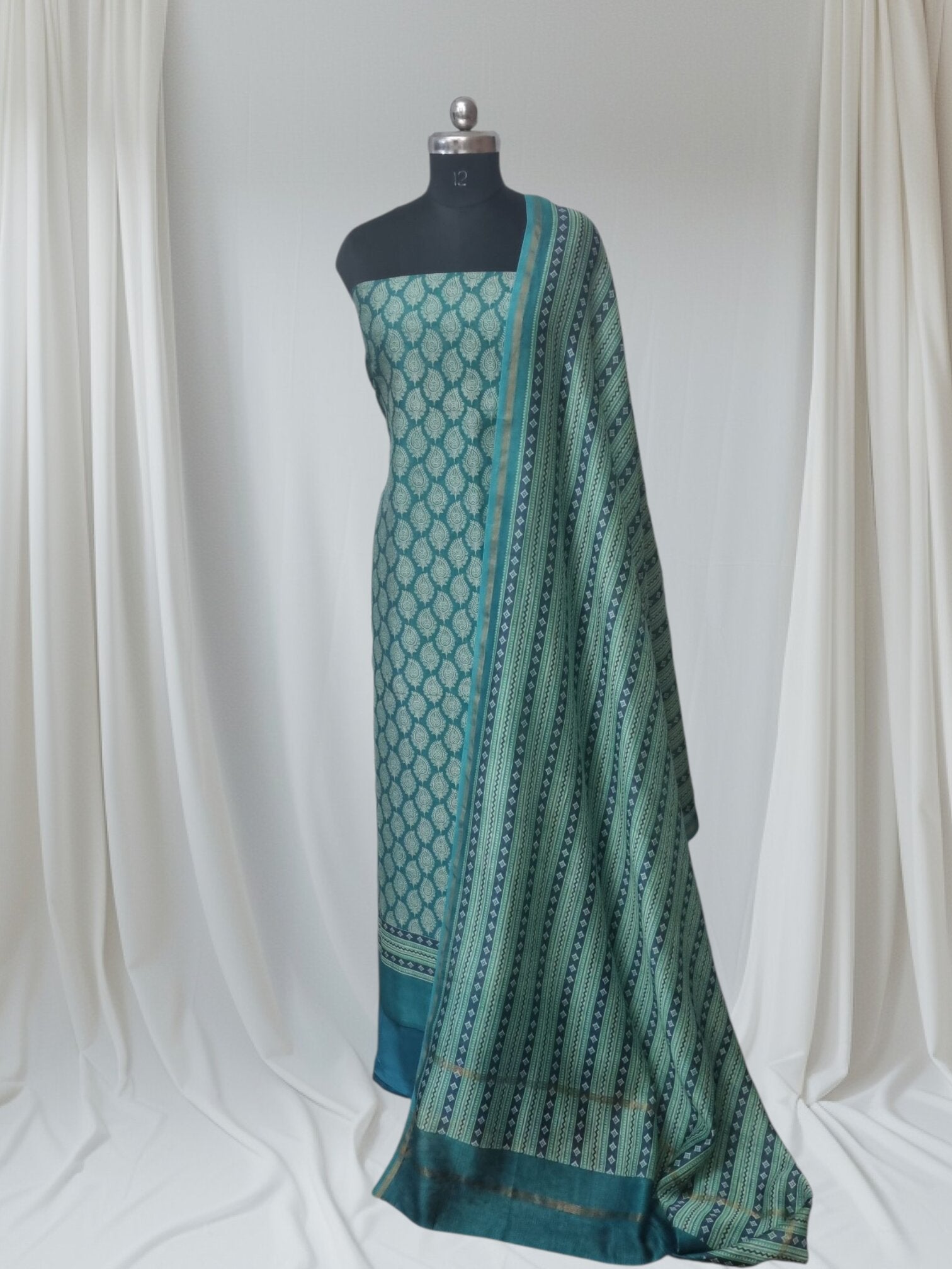 Blue green Chanderi silk 3-piece unstitched suit set – styled product shot

