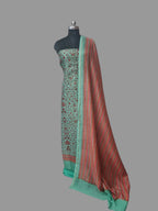 Chanderi silk 3-piece unstitched suit set in turquoise green – Floral Mughal print full view
