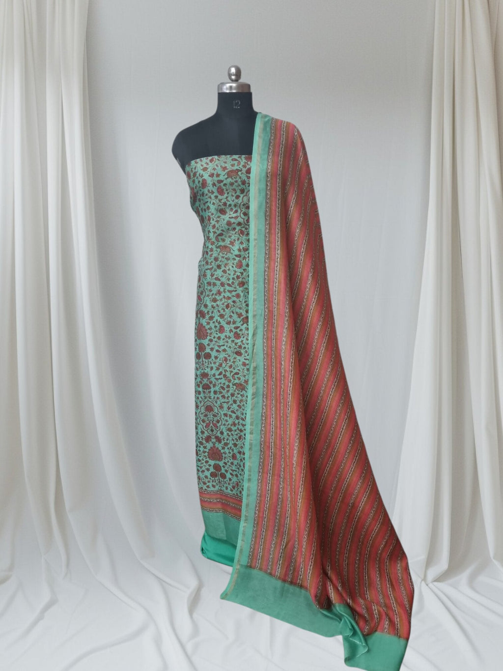 Turquoise green Chanderi silk 3-piece unstitched suit – Mughal print styled product shot