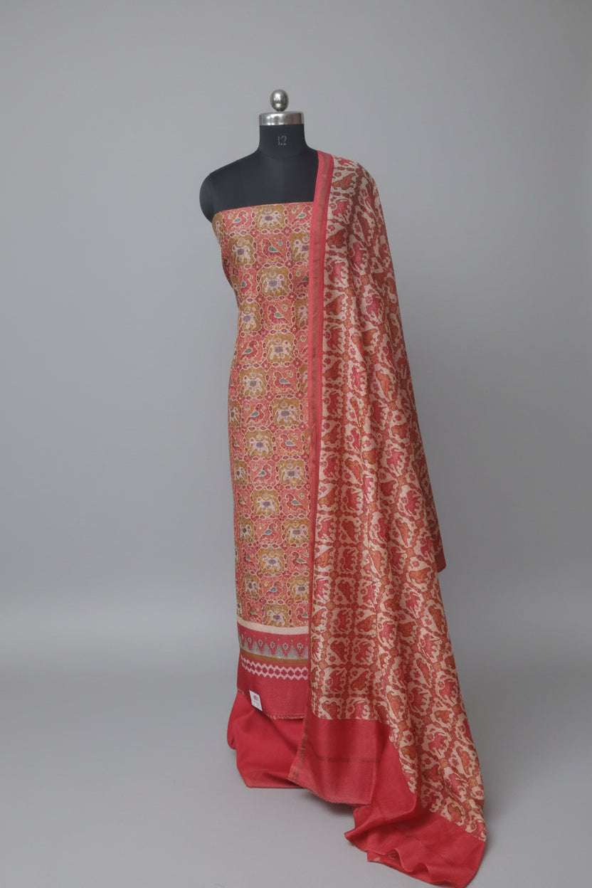 Red green orange Chanderi Silk unstitched suit set with Patola inspired print – front view