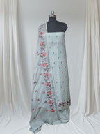 Indian handloom linen 3-piece suit set in baby blue with floral embroidery – full look