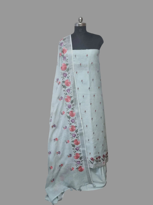Baby blue floral machine embroidery linen unstitched suit set – front view