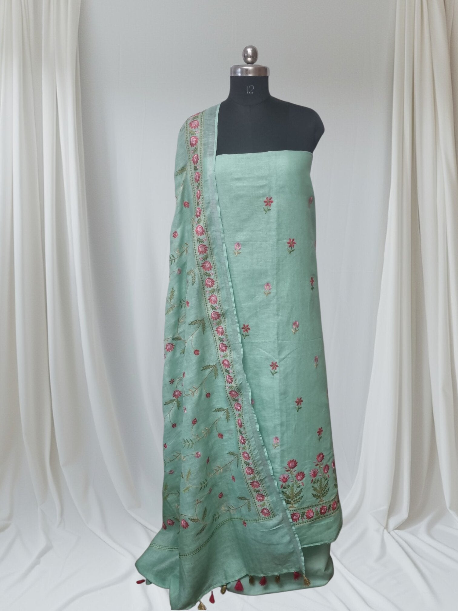 Aqua Green Floral Machine Embroidery Linen Suit Set – Full Drape Portrait
