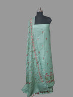Aqua Green Floral Machine Embroidery Linen 3-Piece Unstitched Suit Set – Studio Portrait