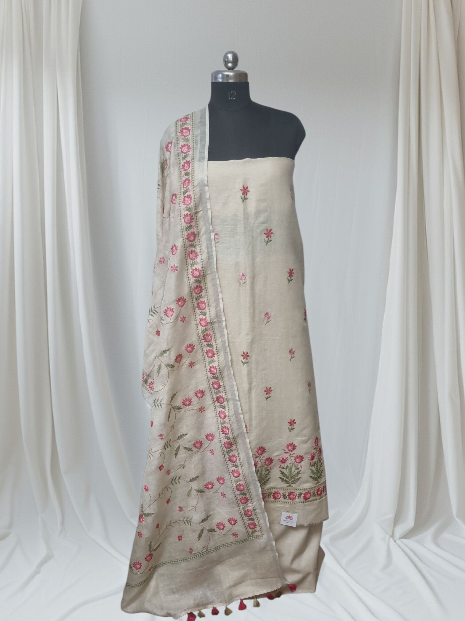 Pale Yellow Floral Machine Embroidery Linen Suit Set – Full Drape Portrait
