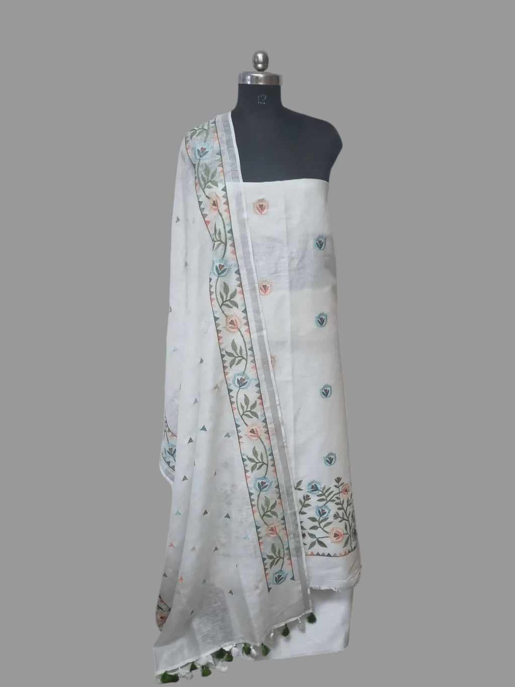 White Floral Machine Embroidery Linen 3-Piece Unstitched Suit Set – Studio Portrait