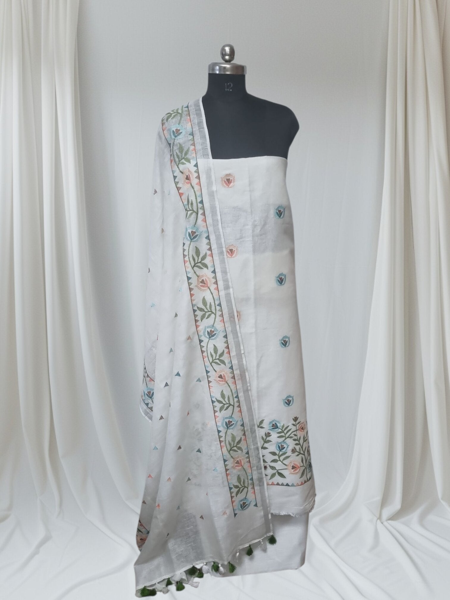 White Floral Machine Embroidery Linen Suit Set – Full Drape Portrait