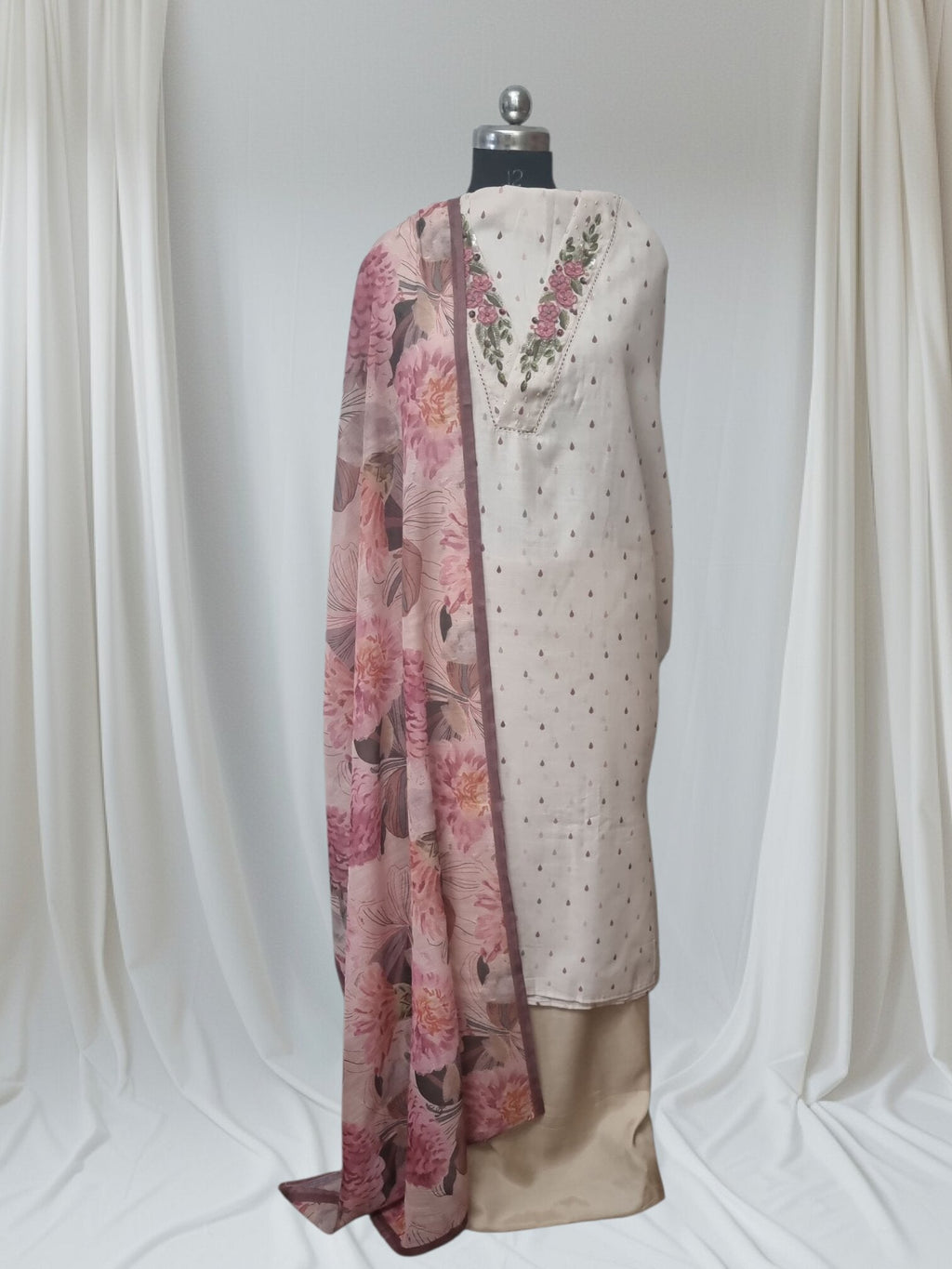 Indian Handloom Cotton Linen Embroidered Suit Fabric – Light Beige