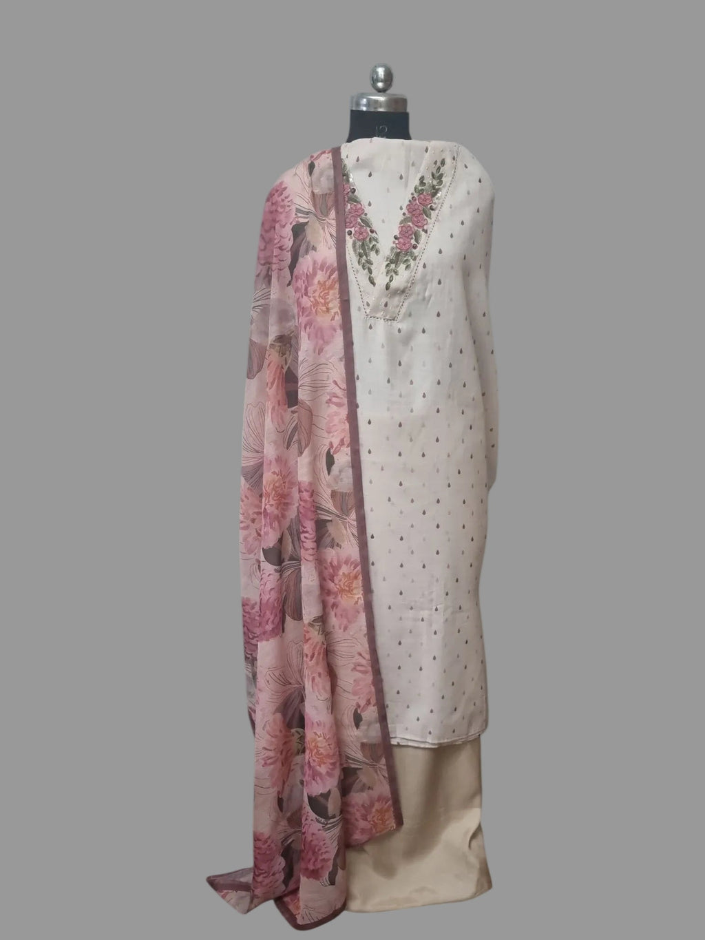 Light Beige Cotton Linen Unstitched Suit Set with Embroidery – Indian Handloom