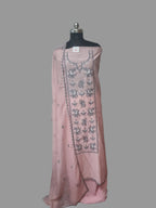Powder pink Chanderi Silk unstitched suit set with machine embroidery – styled view