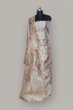 Front view – gold brocade unstitched suit set with embroidered dupatta