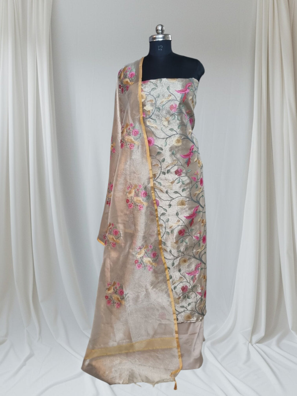 Full set – gold brocade 3-piece unstitched suit with salwar and dupatta
