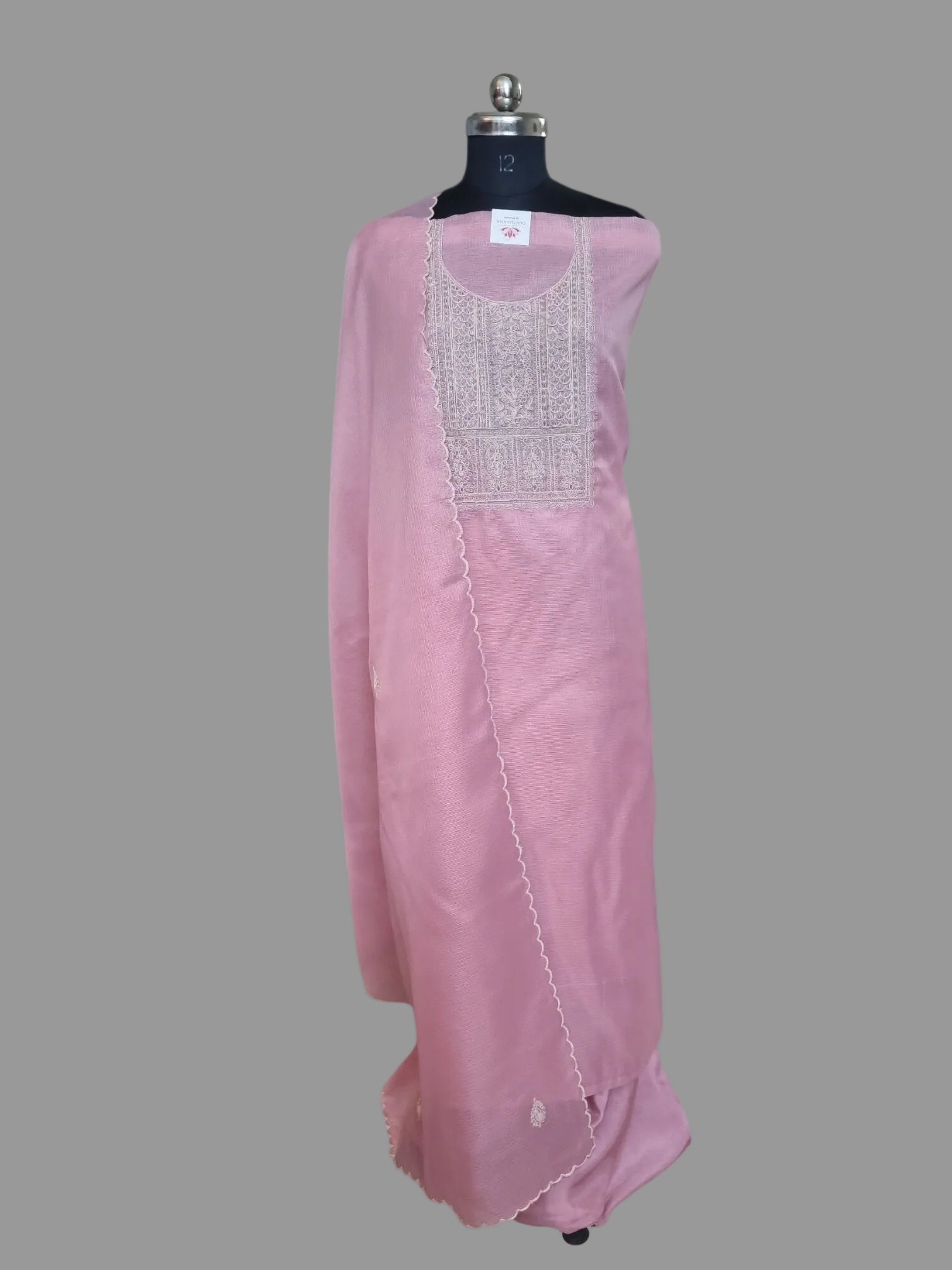 Powder Pink Kota 3-Piece Unstitched Suit Set | Dori & Hand Embroidery | Indian Handloom 