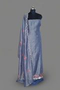 Front view – purple silk tissue unstitched suit set with embroidered dupatta