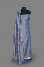 Front view – purple silk tissue unstitched suit set with embroidered dupatta