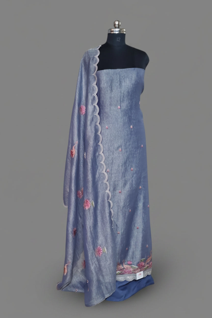 Front view – purple silk tissue unstitched suit set with embroidered dupatta