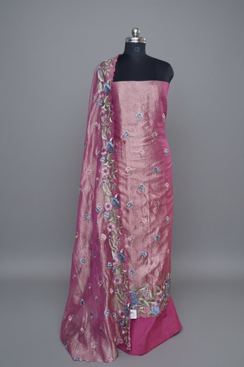 Full front view – pink and gold handloom silk tissue kurta with all-over floral embroidery
