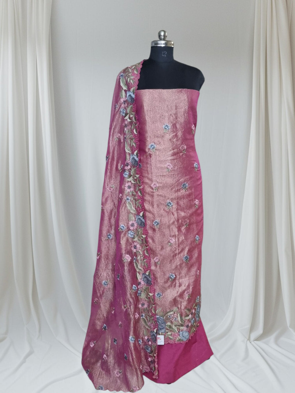 Full set – pink & gold silk tissue 3-piece suit with salwar and dupatta