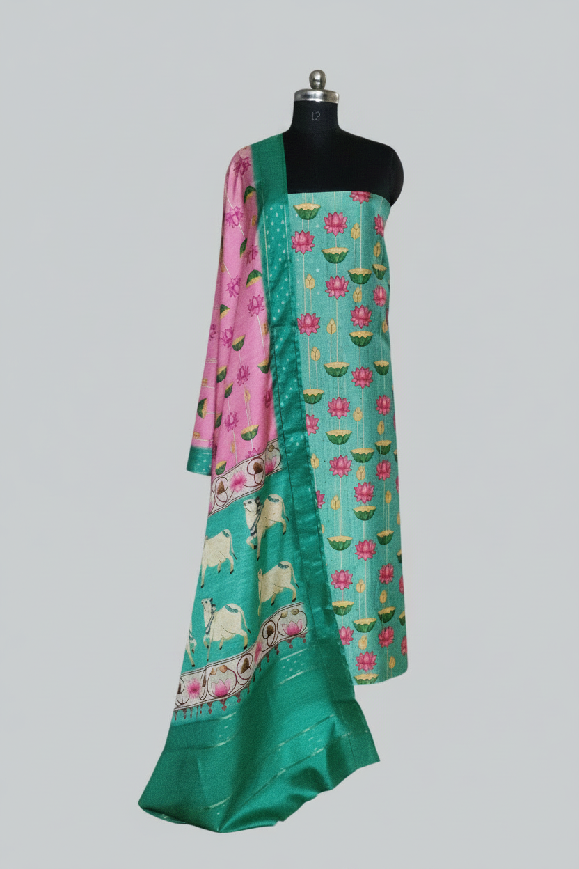 Pichwai Print Banarasi Semi Tussar 2-Piece Unstitched Suit | Peacock Blue-Green & Pink | Indian Handloom