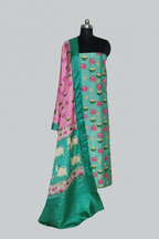 Pichwai Print Banarasi Semi Tussar 2-Piece Unstitched Suit | Peacock Blue-Green & Pink | Indian Handloom