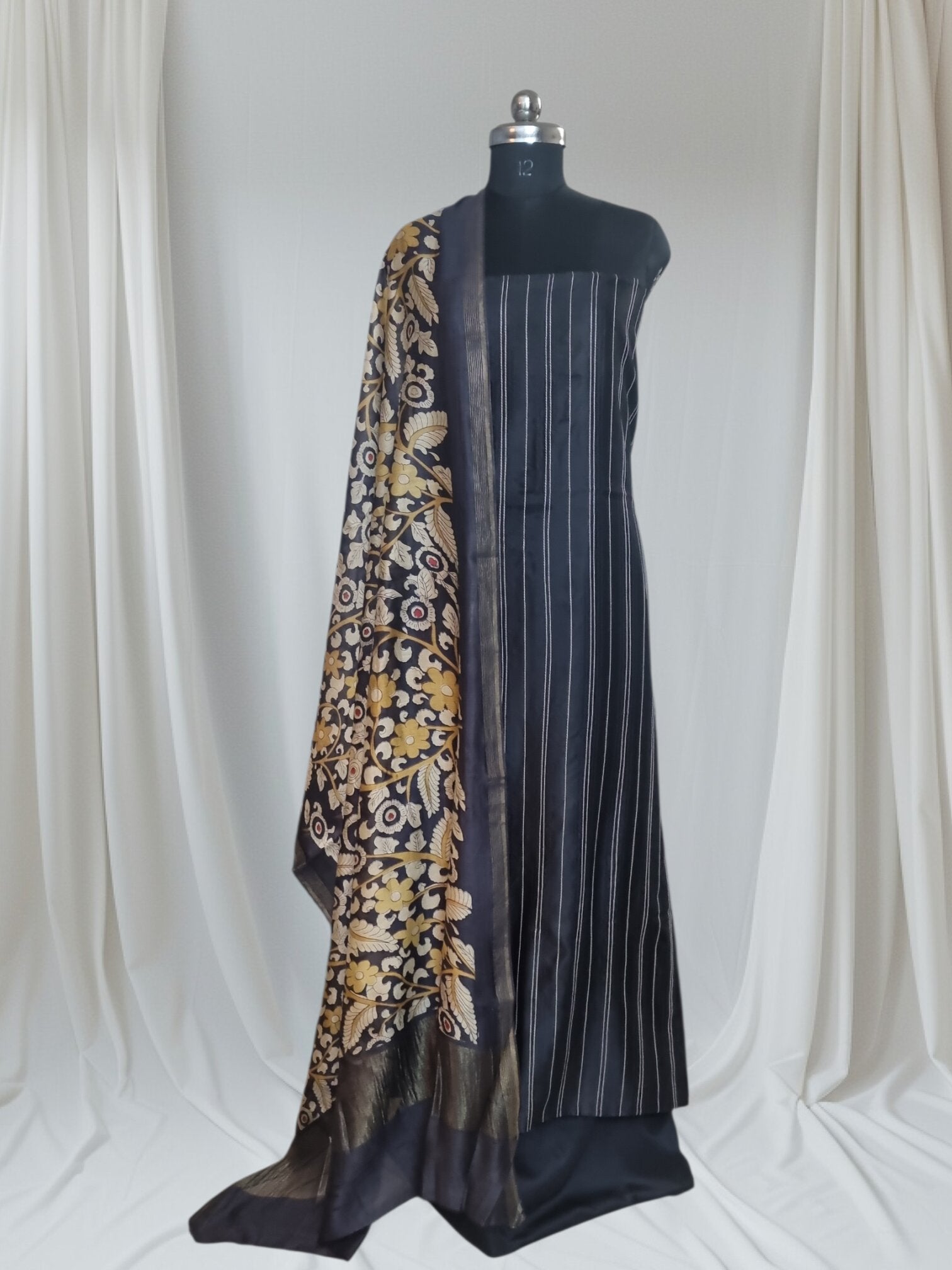 Black handloom Chanderi silk unstitched suit set – styled portrait