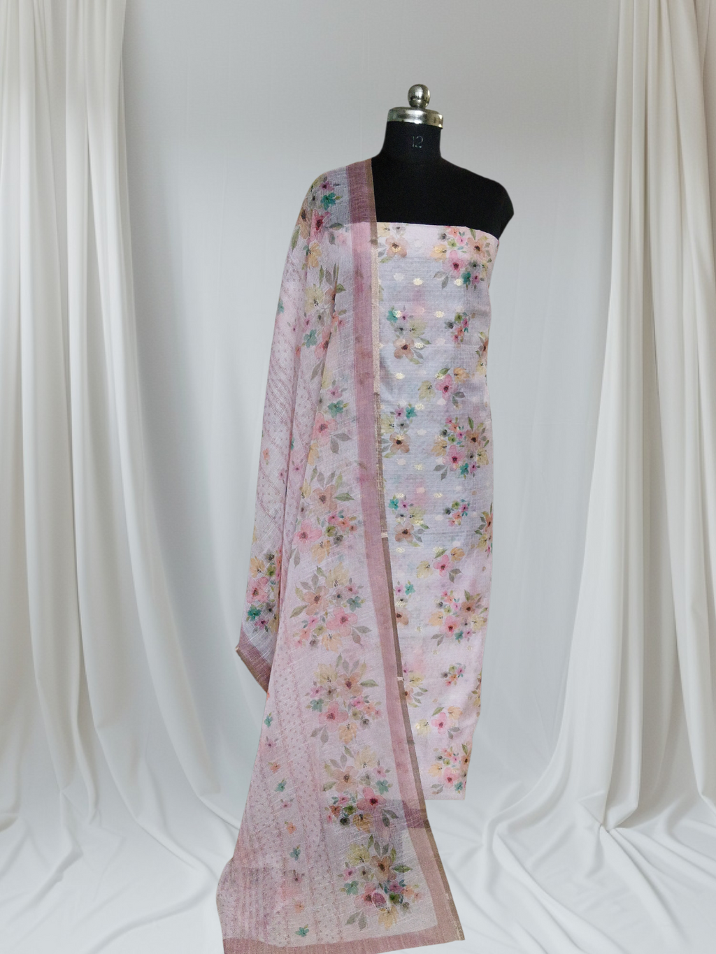 Styled portrait of pink Kota Doria 2-piece unstitched suit – floral Banarasi booti & digital print dupatta