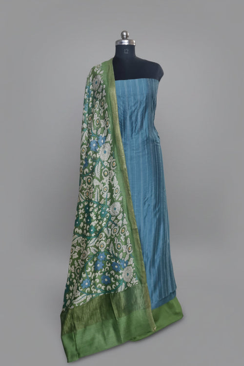 Blue and green Kalamkari Chanderi silk unstitched suit set – front drape view