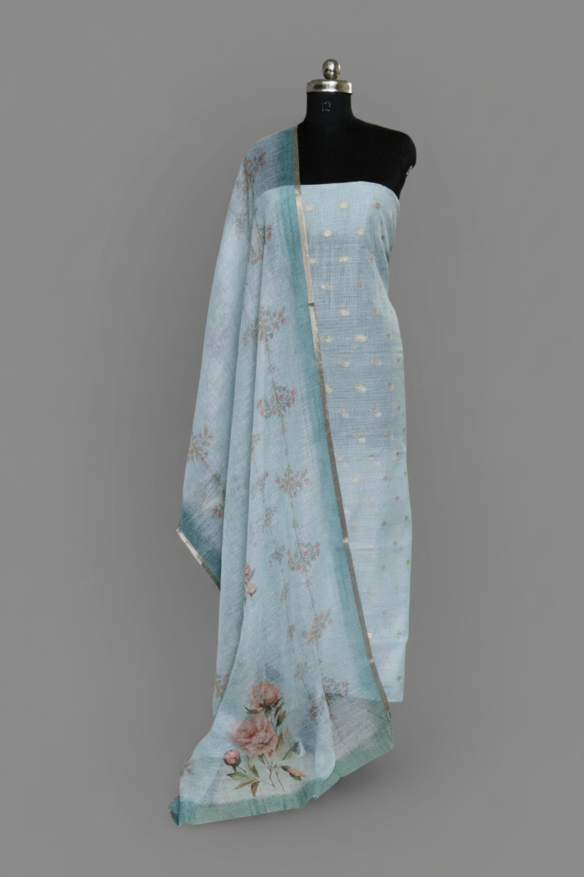 Kota Doria 2-piece unstitched suit in green – Banarasi booti top with digital print dupatta by Tantuvanacrafts