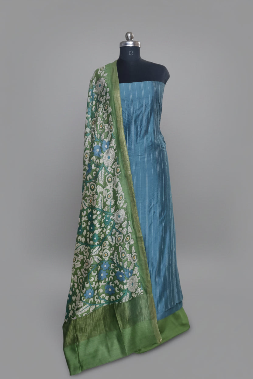 Blue and green Kalamkari Chanderi silk unstitched suit set – front drape view