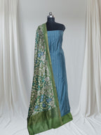 	Blue and green handloom Chanderi silk unstitched suit set – styled portrait